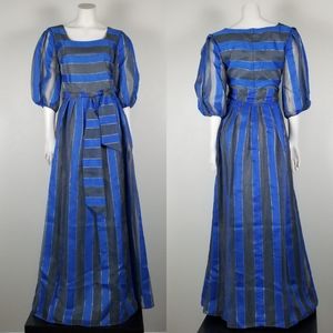 Vera Mont Vintage 70s Disco Puff Sleeve Striped Blue Grey Maxi Dress Gown Sz 12